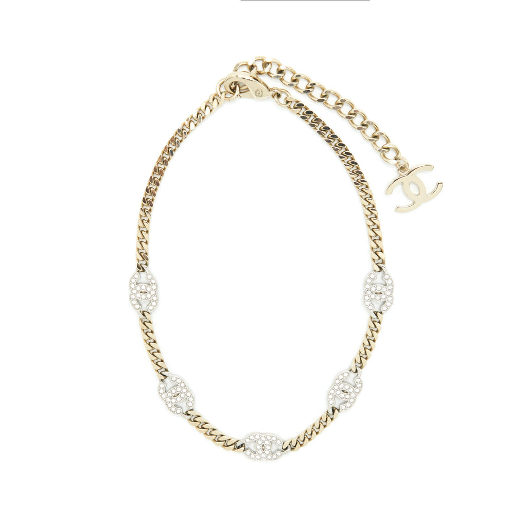 Chanel Mini CC Logo Choker/Double Chain Bracelet Light Gold Tone