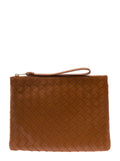 Bottega Veneta Women Brown Pouch With Wrist Strap In Intreccio Leather Woman
