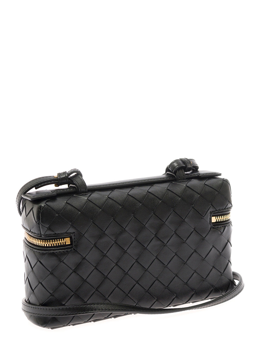 Bottega Veneta Women Black Crossbody Bag With Adjustable And Removable Strap And All-Over Intreccio Motif In Leather For Women