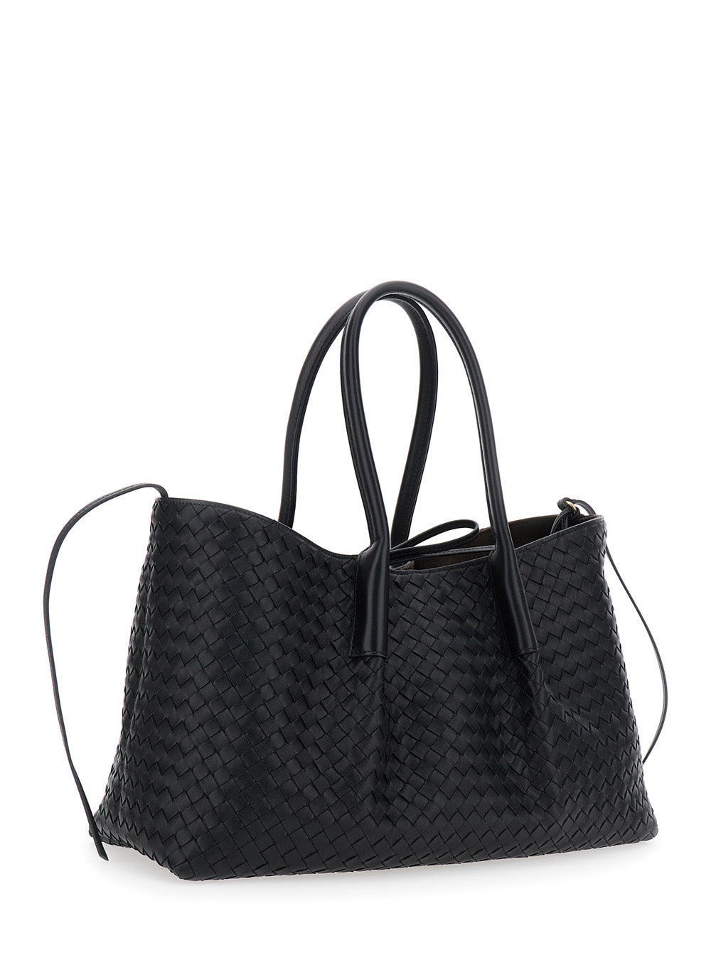 Bottega Veneta Women Black  Reversible Shoulder Bag With All-Over Intreccio Motif In Leather For Women