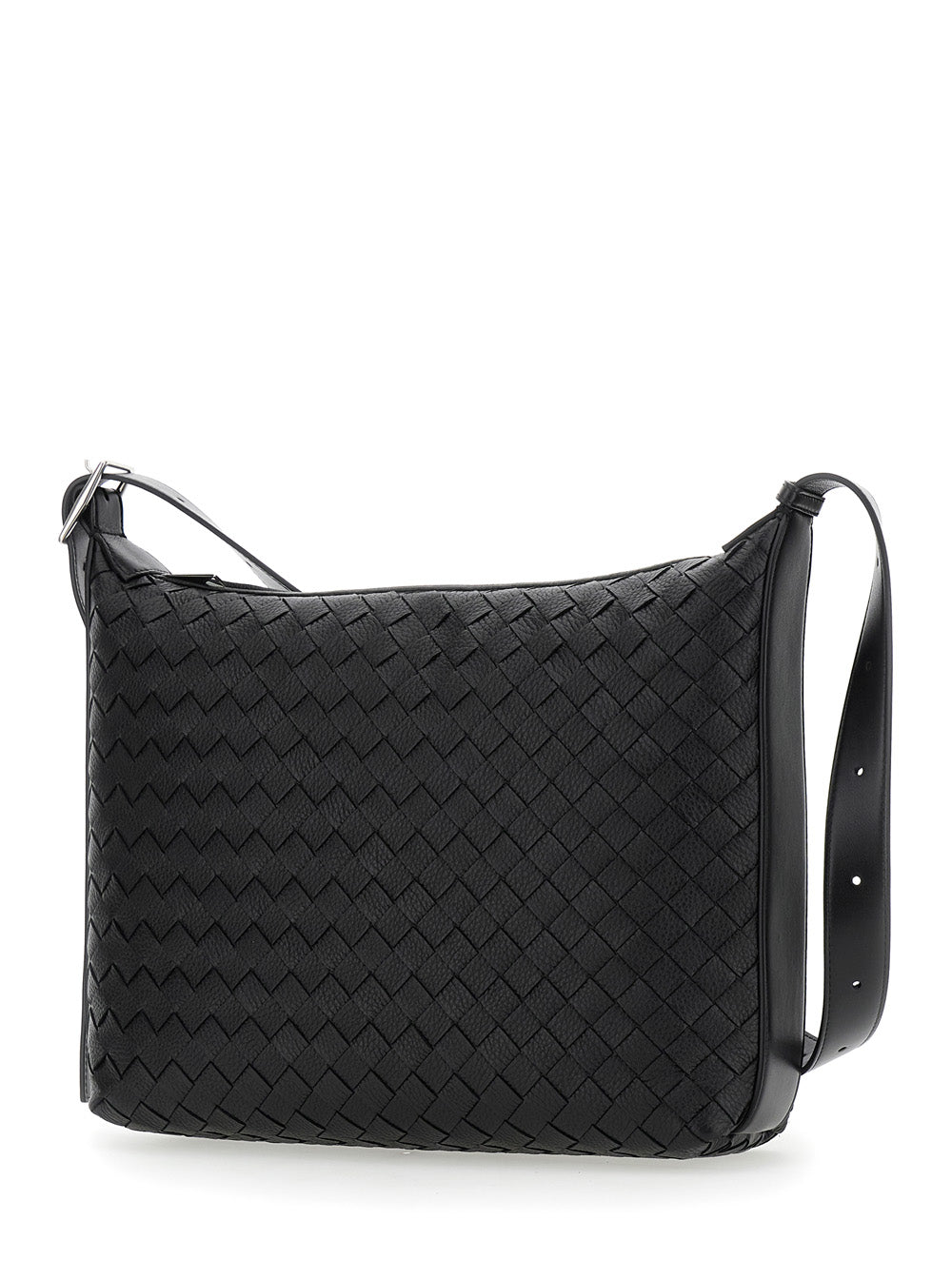 Bottega Veneta Men Black Crossbody Bag 'Traveler' With All-Over Intreccio Motif In Leather For Men