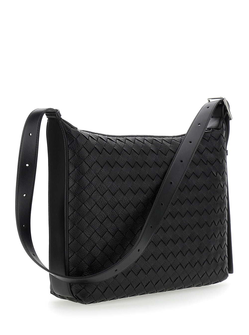 Bottega Veneta Men Black Crossbody Bag 'Traveler' With All-Over Intreccio Motif In Leather For Men