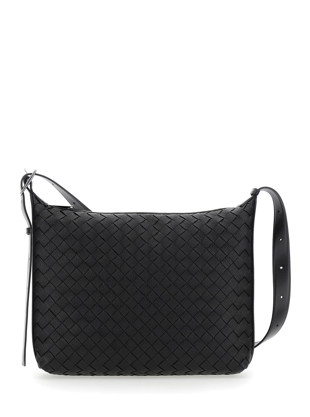 Bottega Veneta Men Black Crossbody Bag 'Traveler' With All-Over Intreccio Motif In Leather For Men