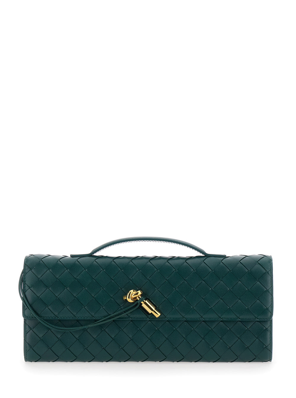 Bottega Veneta Women 'Andiamo' Green Clutch With Handle And Intreccio Motif In Leather For Women