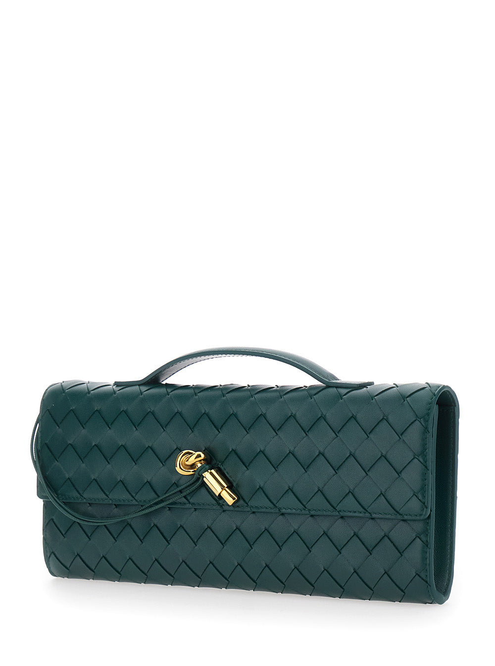 Bottega Veneta Women 'Andiamo' Green Clutch With Handle And Intreccio Motif In Leather For Women