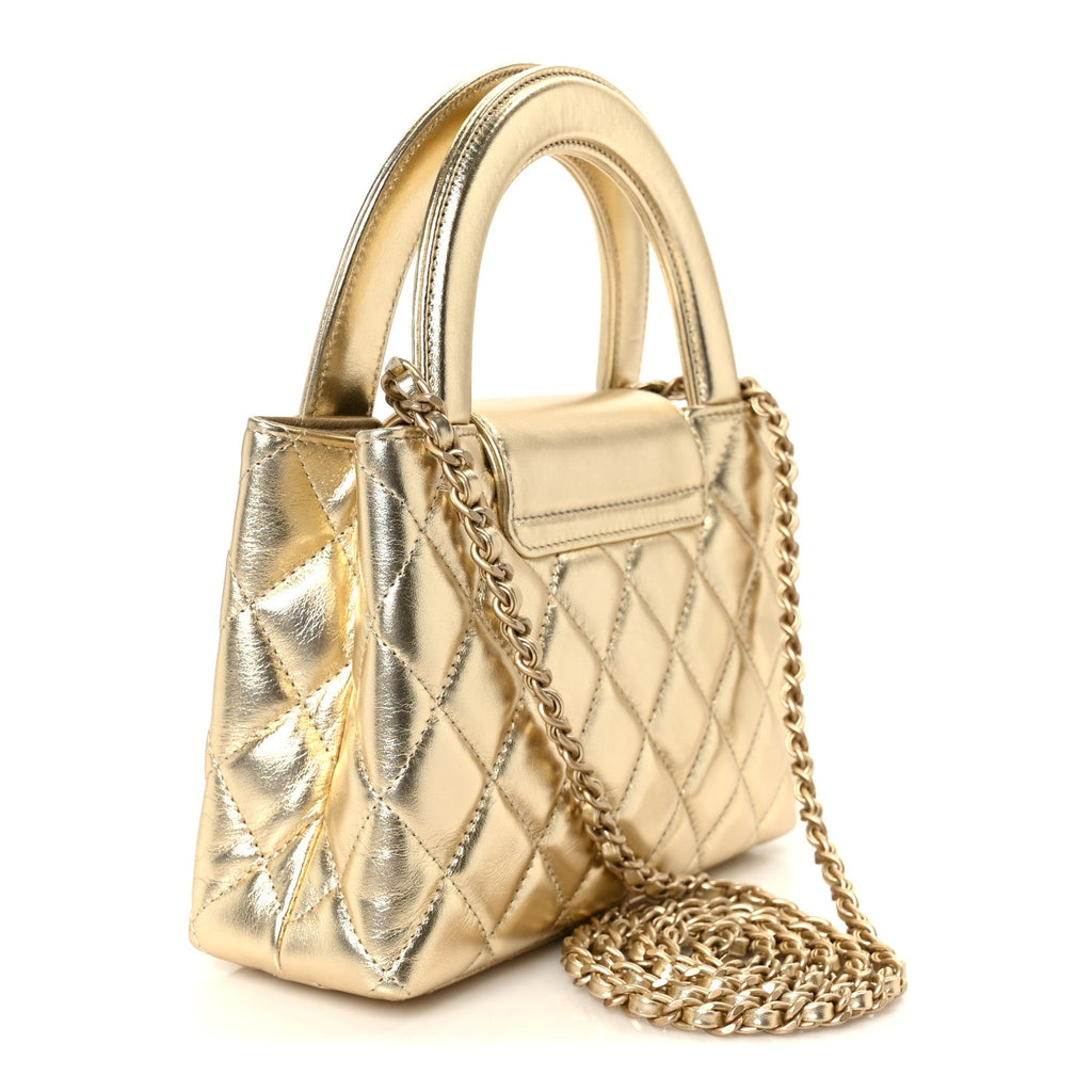 Metallic Shiny Aged Calfskin Quilted Nano Kelly Shopper Gold