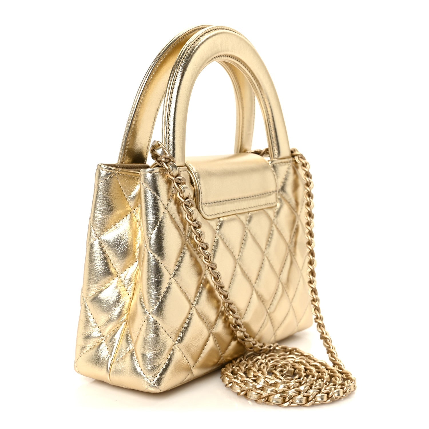 Metallic Shiny Aged Calfskin Quilted Nano Kelly Shopper Gold