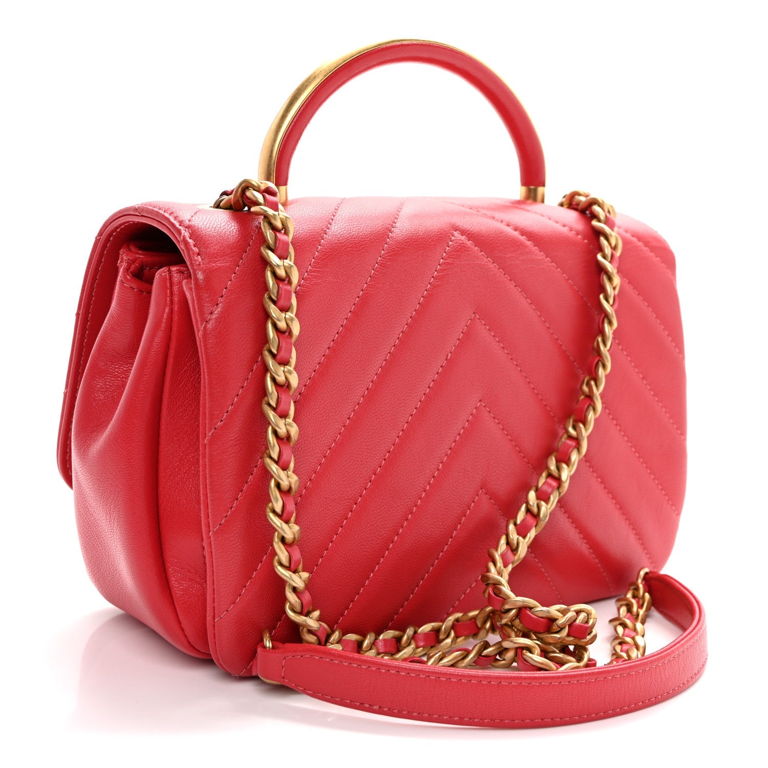 Lambskin Chevron Quilted Gold Top Handle Flap Bag Red