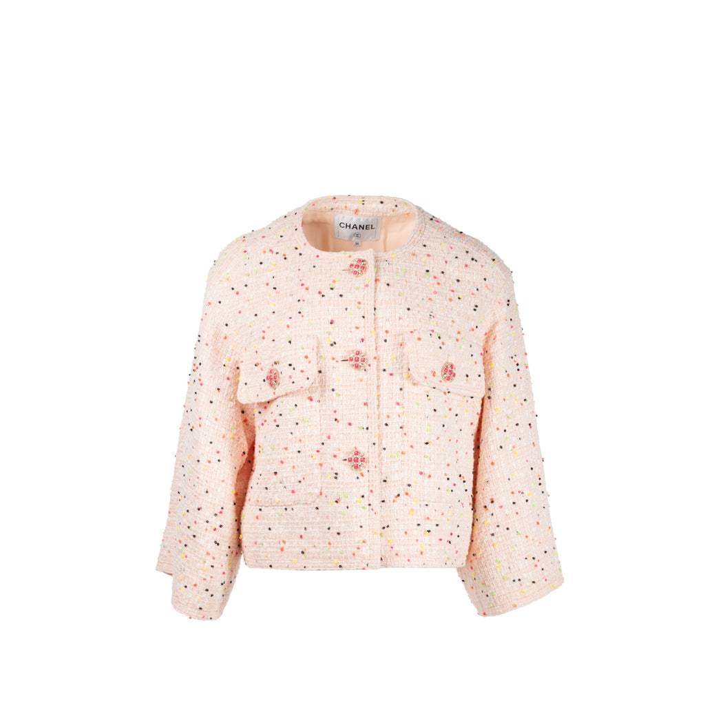 Chanel Size 34 Jacket Cotton Tweed Pink/White/Multicolour