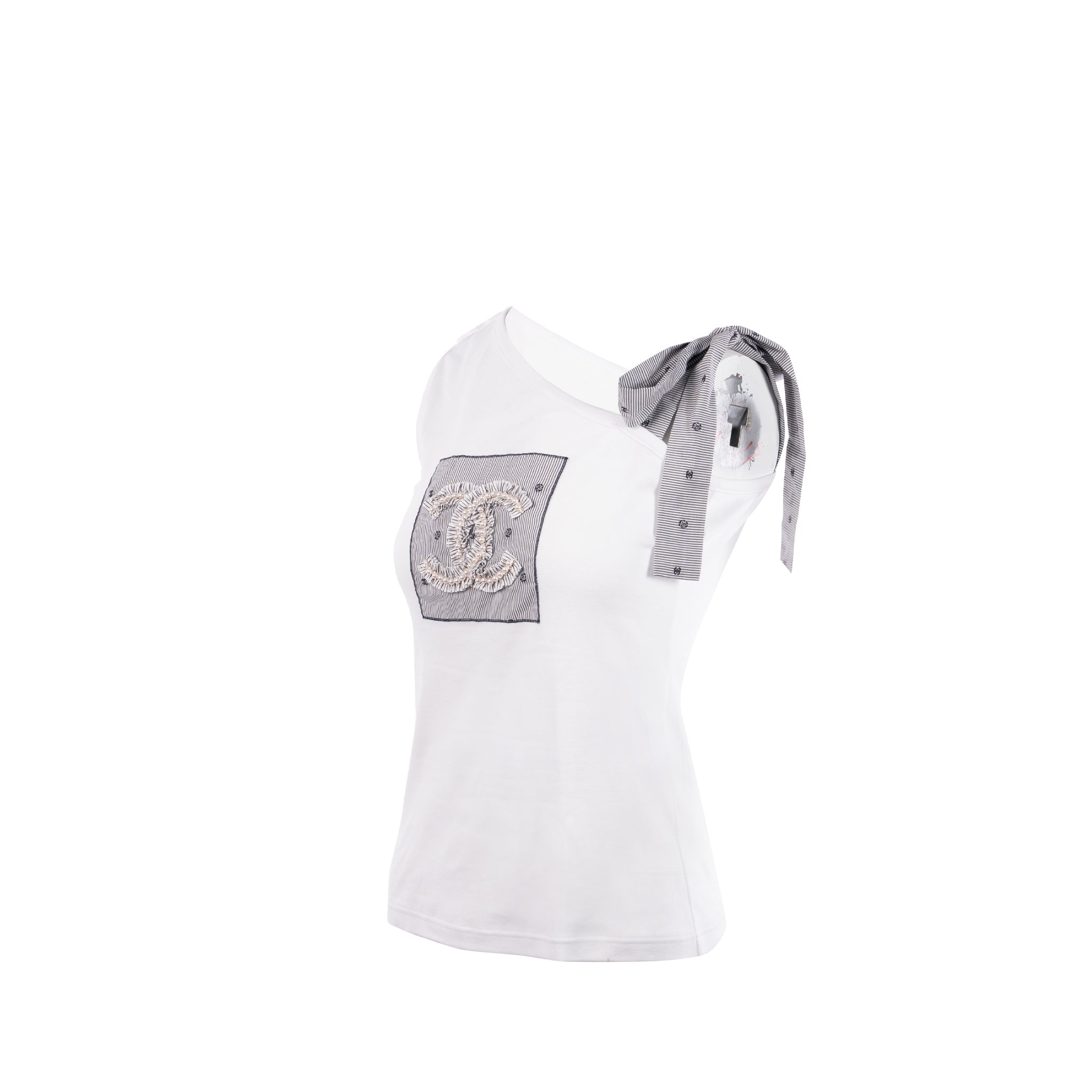 Chanel size 36 top embroidered cotton jersey / cotton white/blue/black