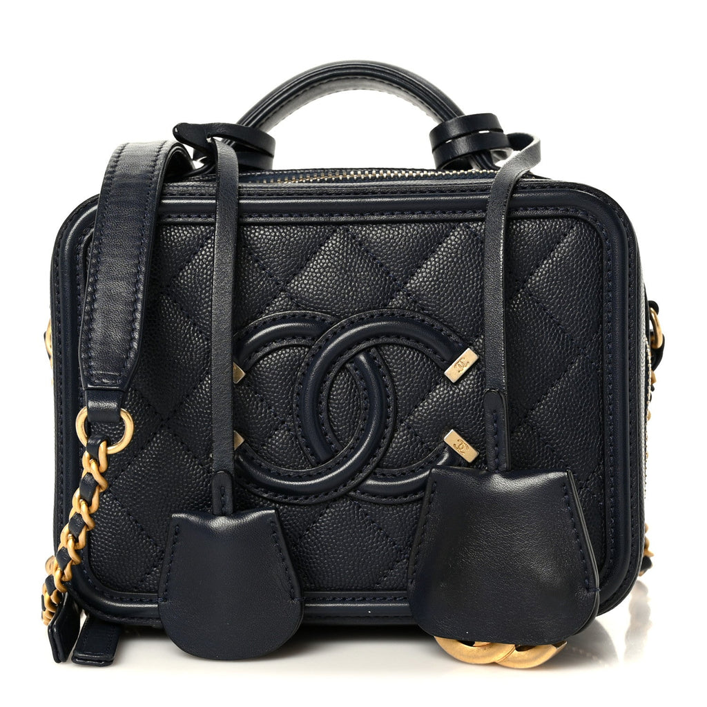 Caviar Quilted Small CC Filigree Vanity Case Navy
