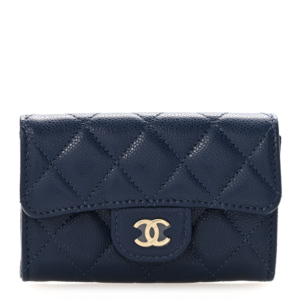 Caviar Quilted Flap Card Holder Wallet Navy Blue