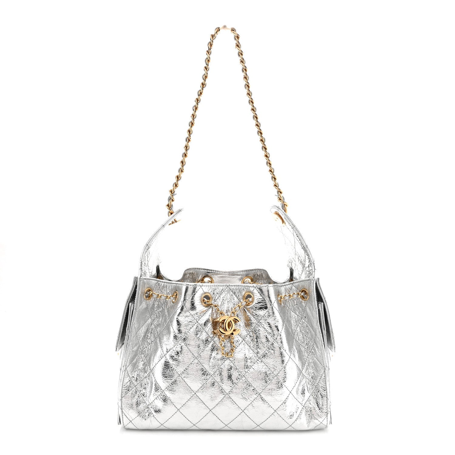 Metallic Crumpled Calfskin Quilted Small Chanel 25 Handbag Silvery