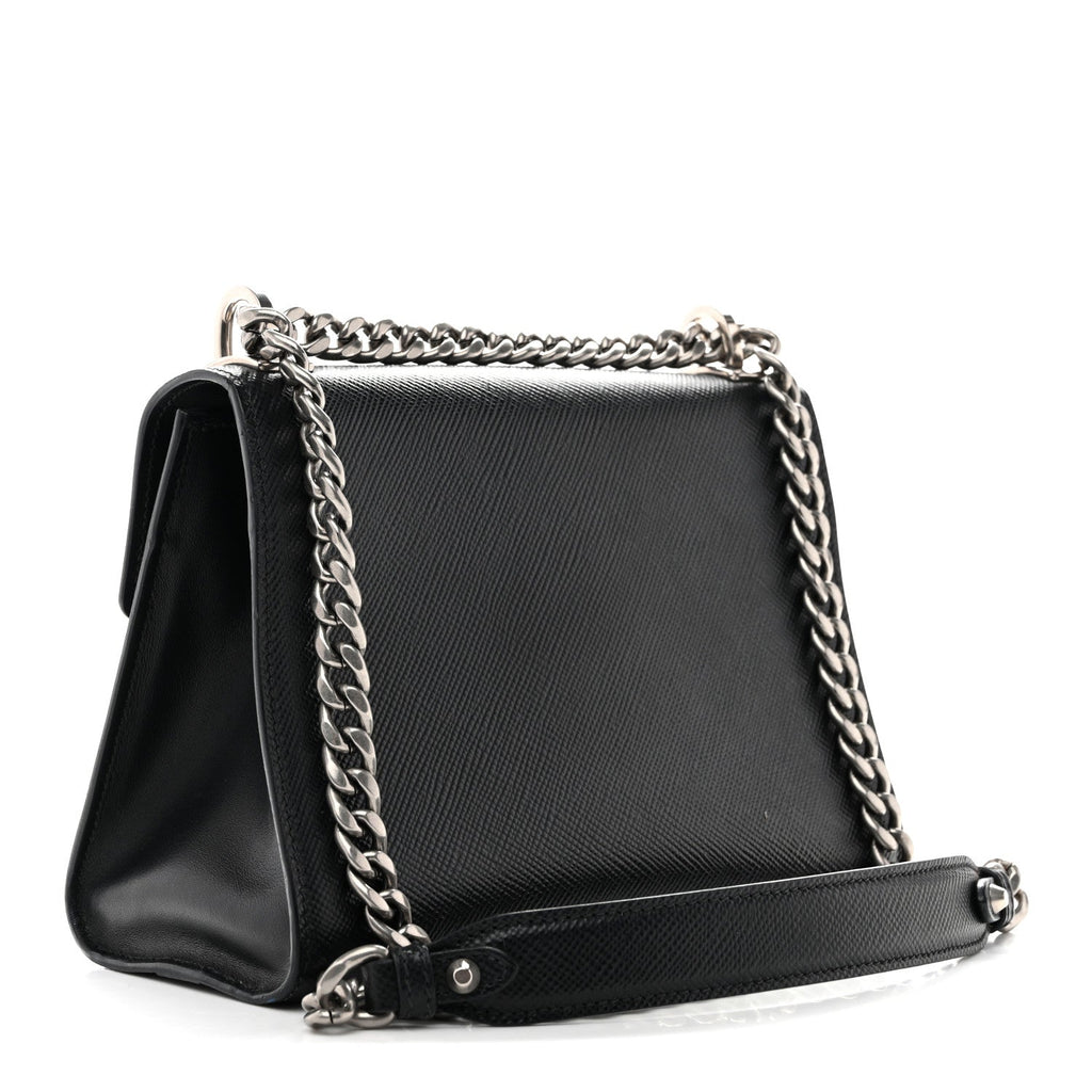Saffiano Cuir Calfskin Monochrome Envelope Flap Chain Shoulder Bag Black