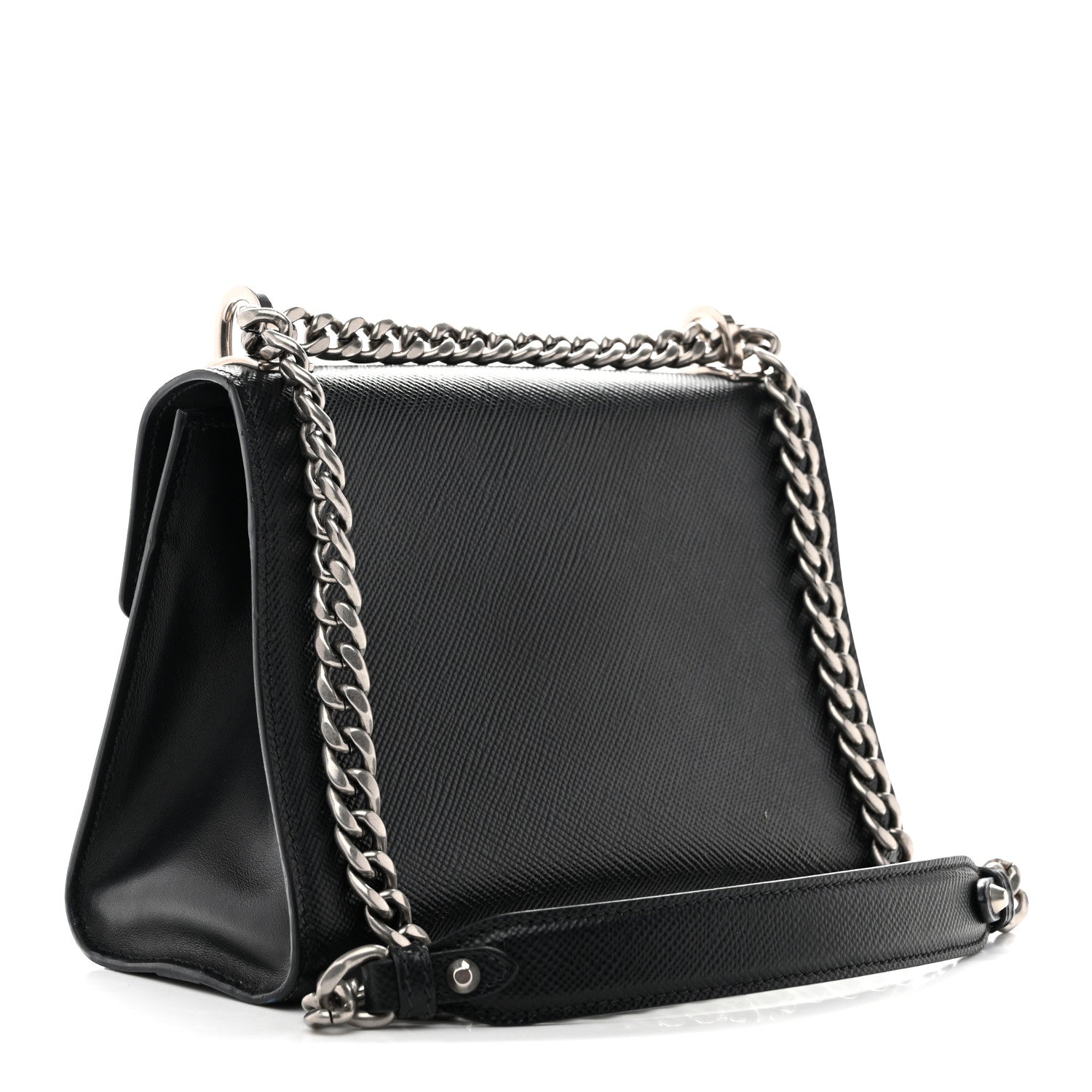 Saffiano Cuir Calfskin Monochrome Envelope Flap Chain Shoulder Bag Black