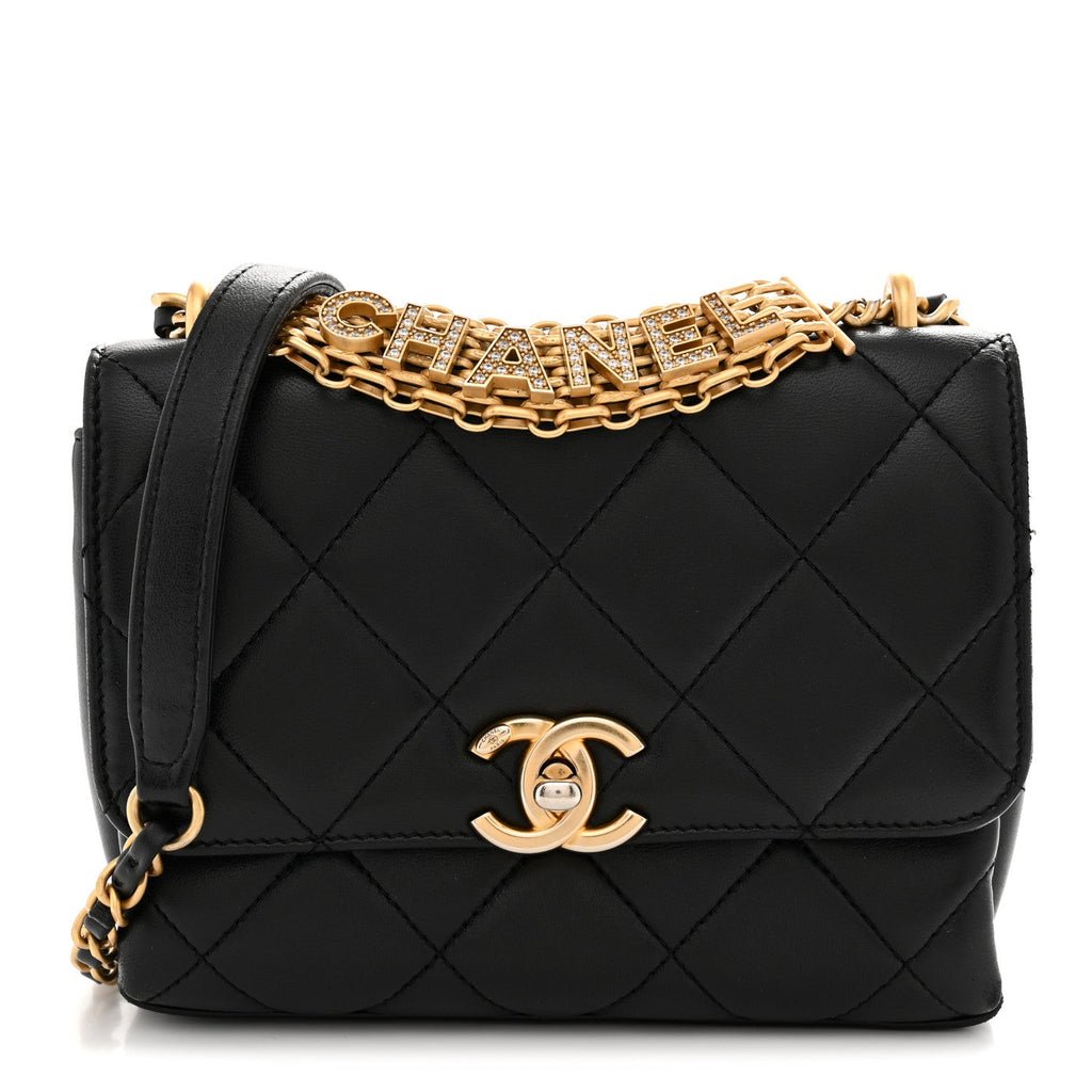Lambskin Quilted Mini CC Crystal Logo Chain Flap Black