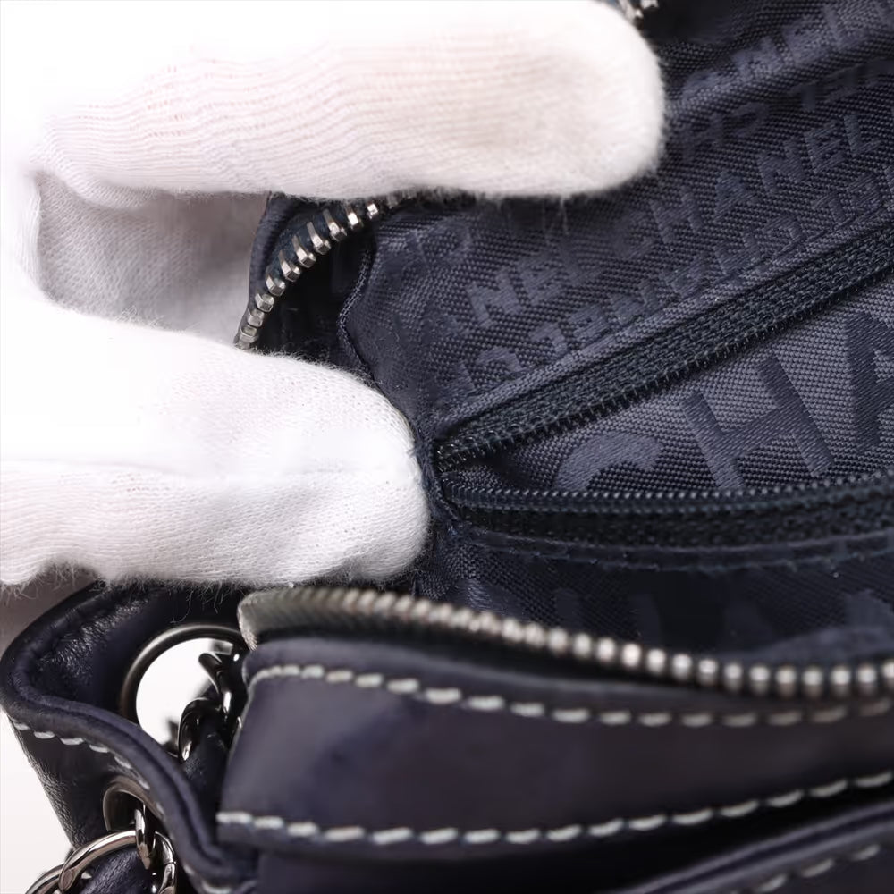 Chanel Logo Lambskin Chain Shoulder Bag Navy Blue