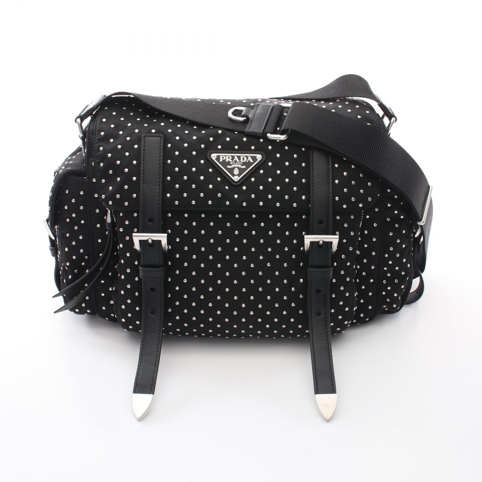 Prada Studs Nylon Leather Shoulder Bag