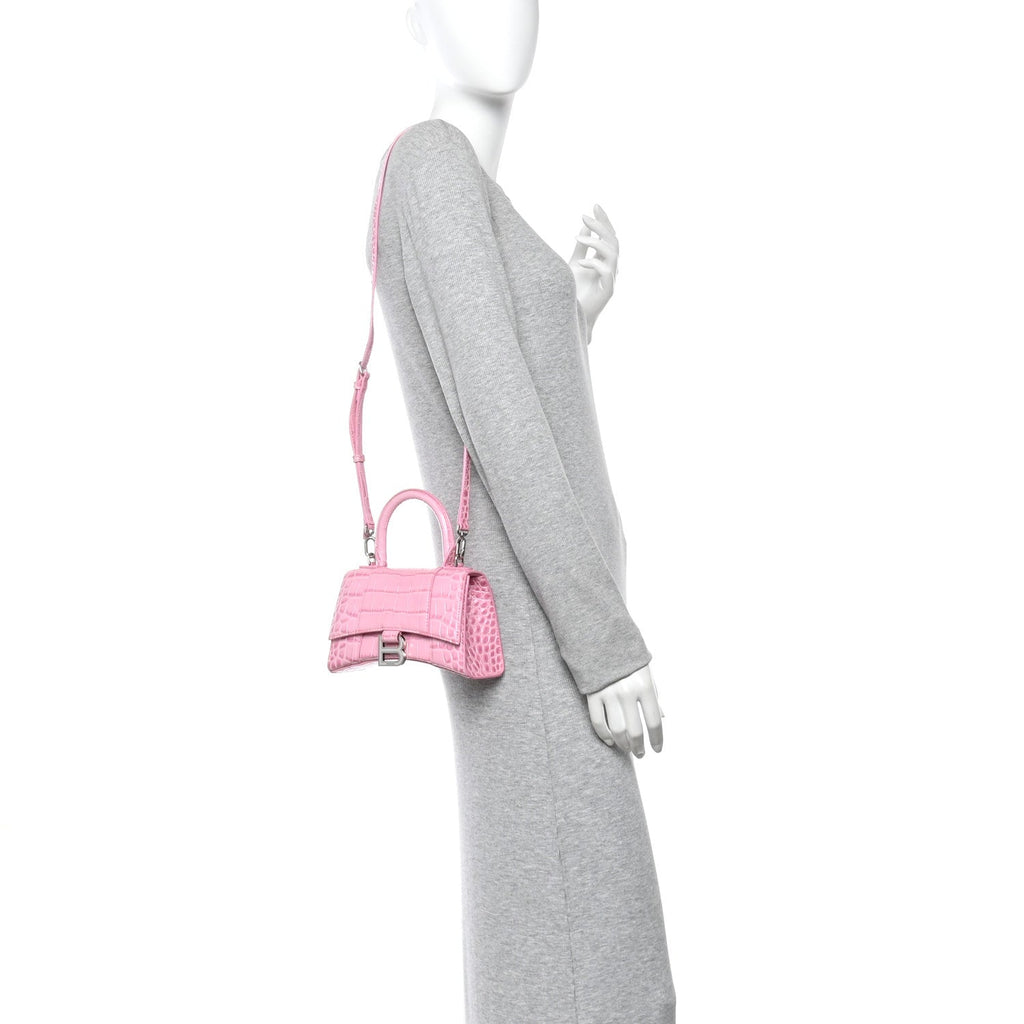 Shiny Calfskin Crocodile Embossed Hourglass Top Handle Bag XS Sweet Pink