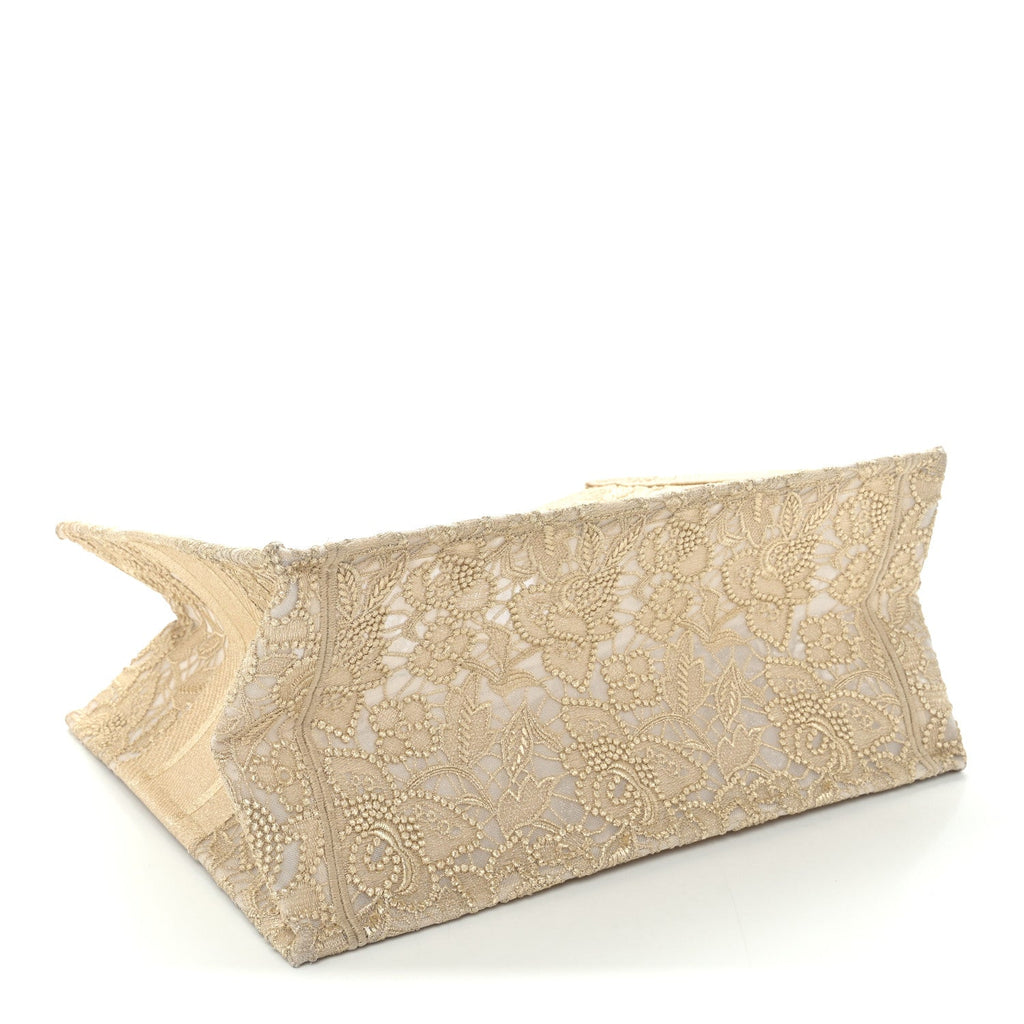 Transparent Metallic Embroidered Mesh Macrame Medium Book Tote Gold