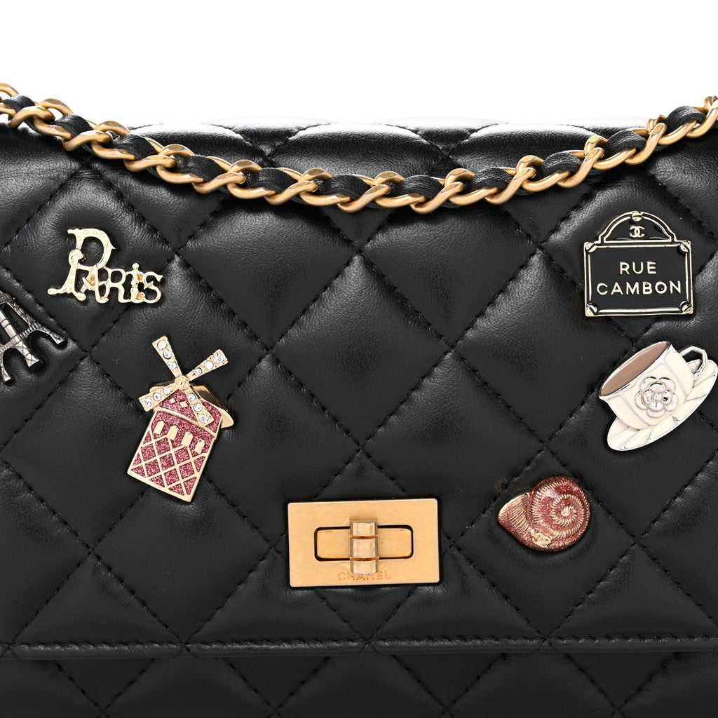 Aged Calfskin Quilted Lucky Charms 2.55 Reissue Wallet On Chain WOC Black