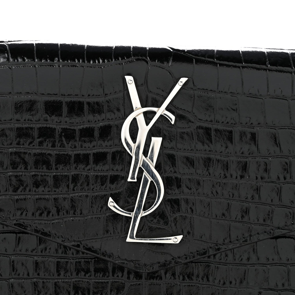 Calfskin Crocodile Embossed Uptown Monogram Clutch Black