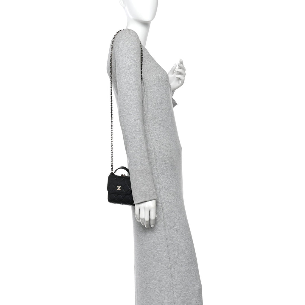 Lambskin Quilted Kiss Lock Top Handle Flap Clutch With Chain Black