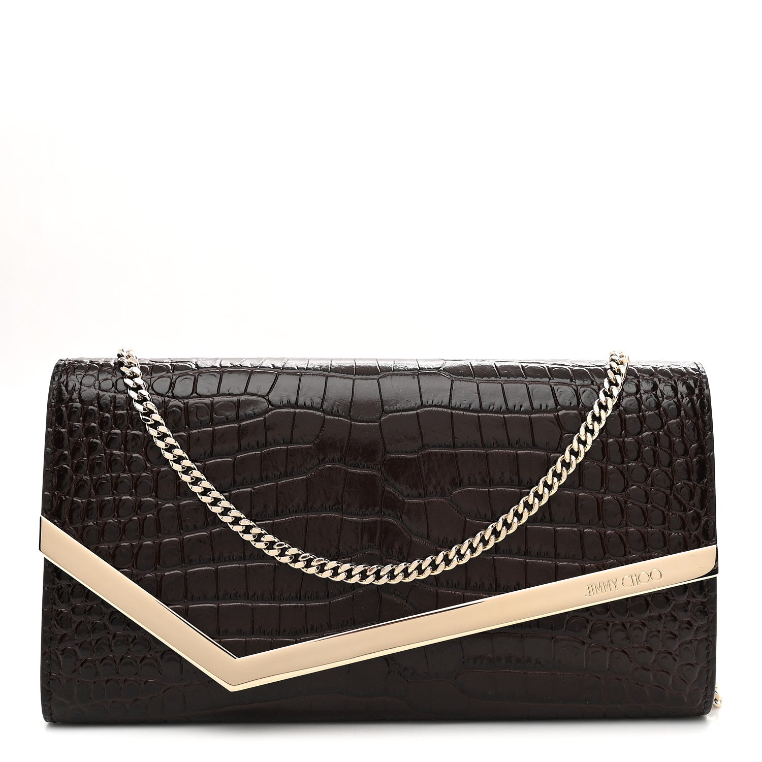 Calfskin Crocodile Embossed Emmie Clutch Bag Chocolate