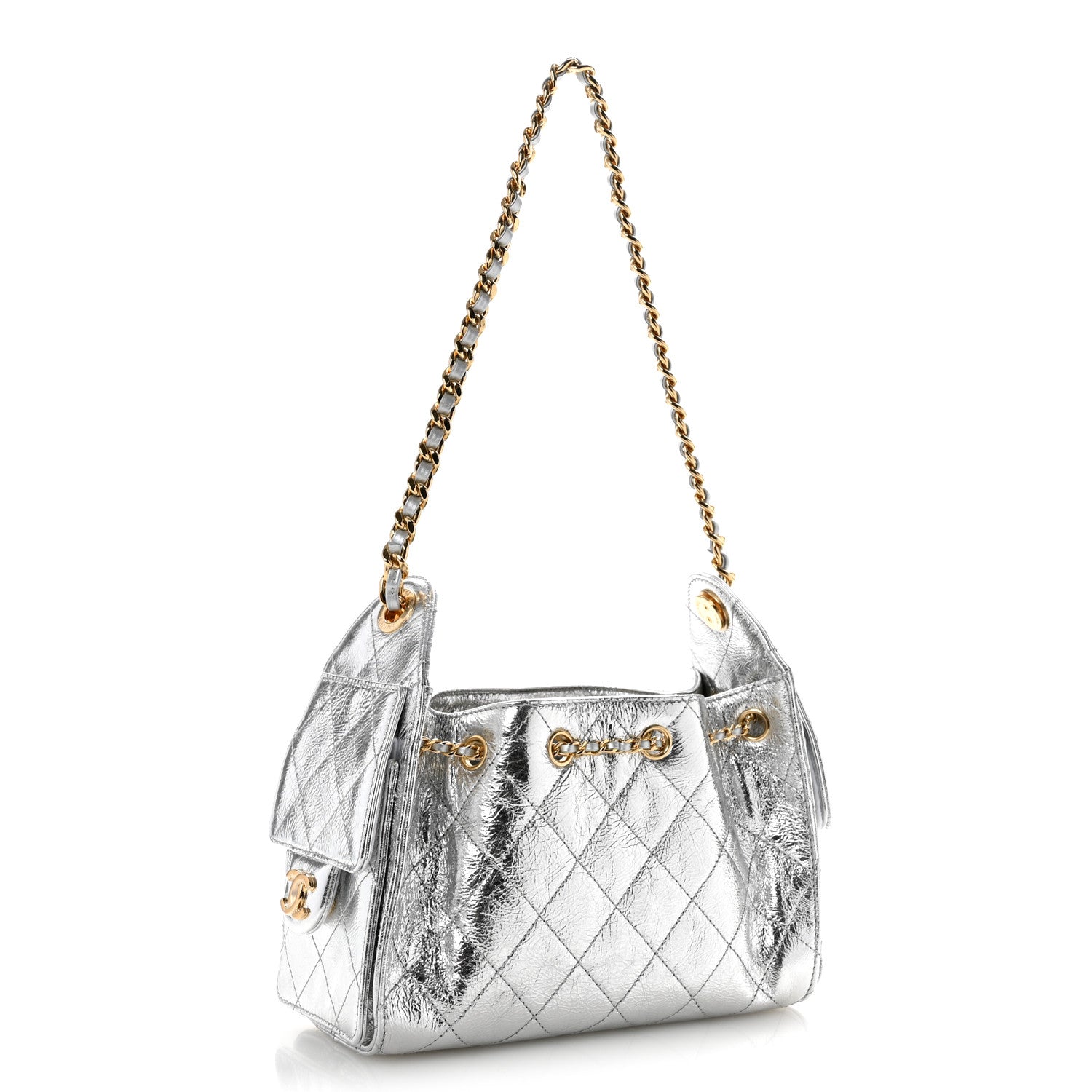 Metallic Aged Calfskin Quilted Mini Chanel 25 Handbag Silver