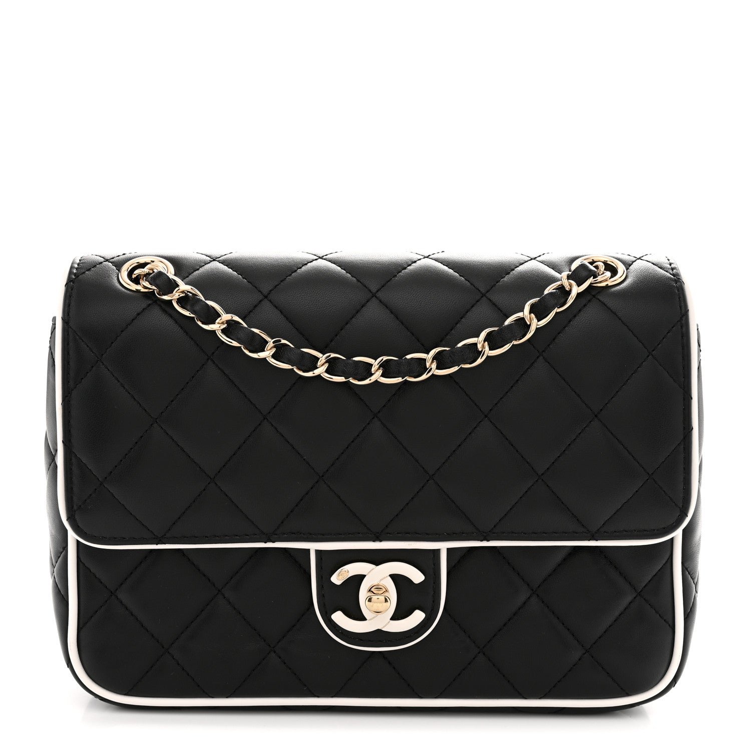 Lambskin Quilted Resin Graphic Frame Flap Bag Black White