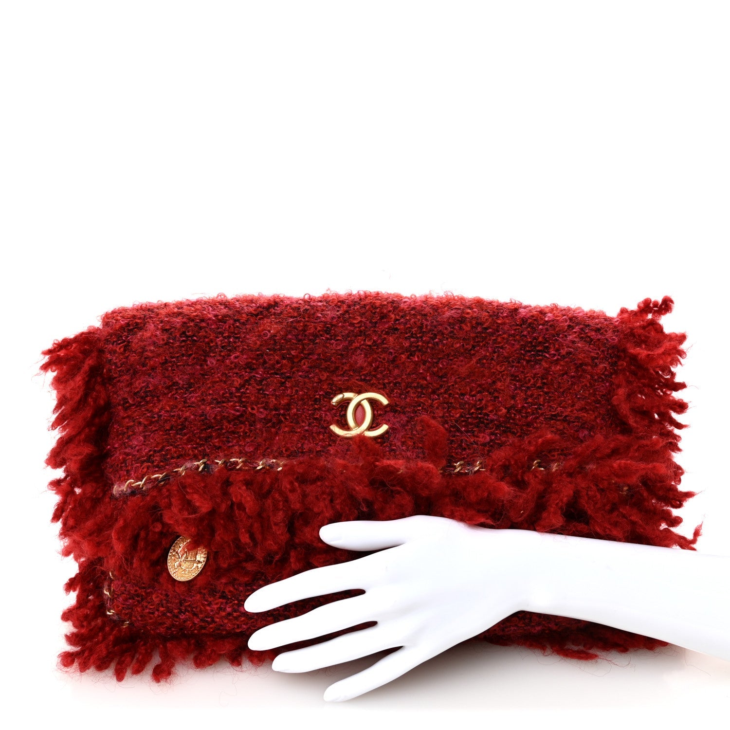 Tweed Quilted Fringe Clutch Red