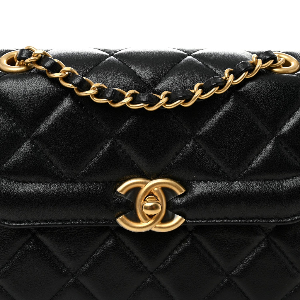 Shiny Lambskin Quilted Mini Flap Black