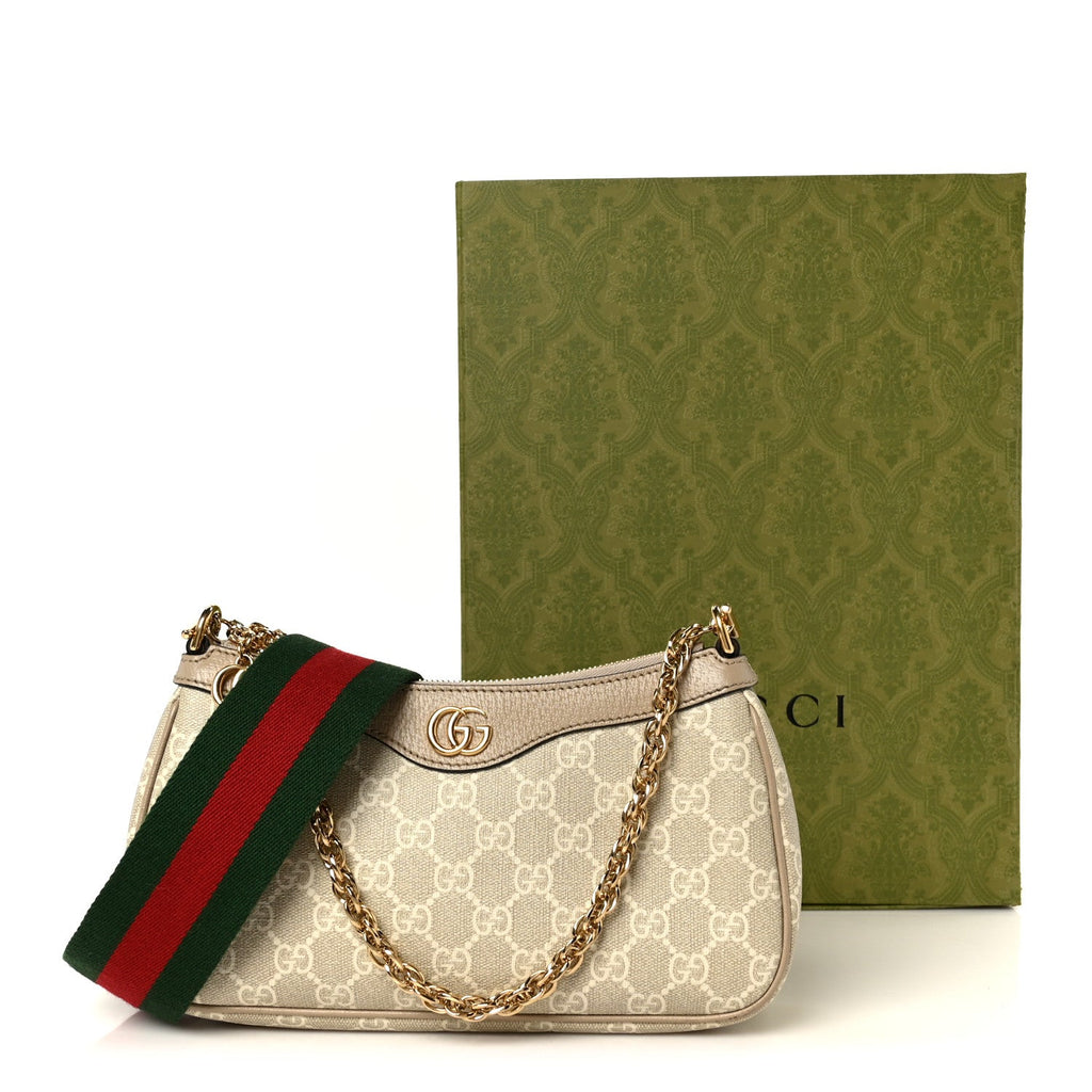 GG Supreme Monogram Textured Dollar Calfskin Web Small Ophidia GG Handbag Beige Mystic White Oatmeal