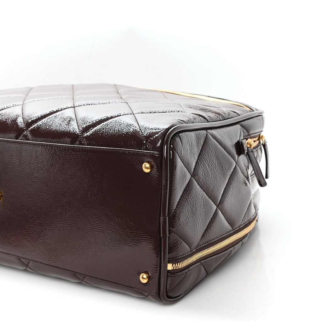 Patent Crumpled Calfskin Quilted Travel Bowling Bag Dark Brown
