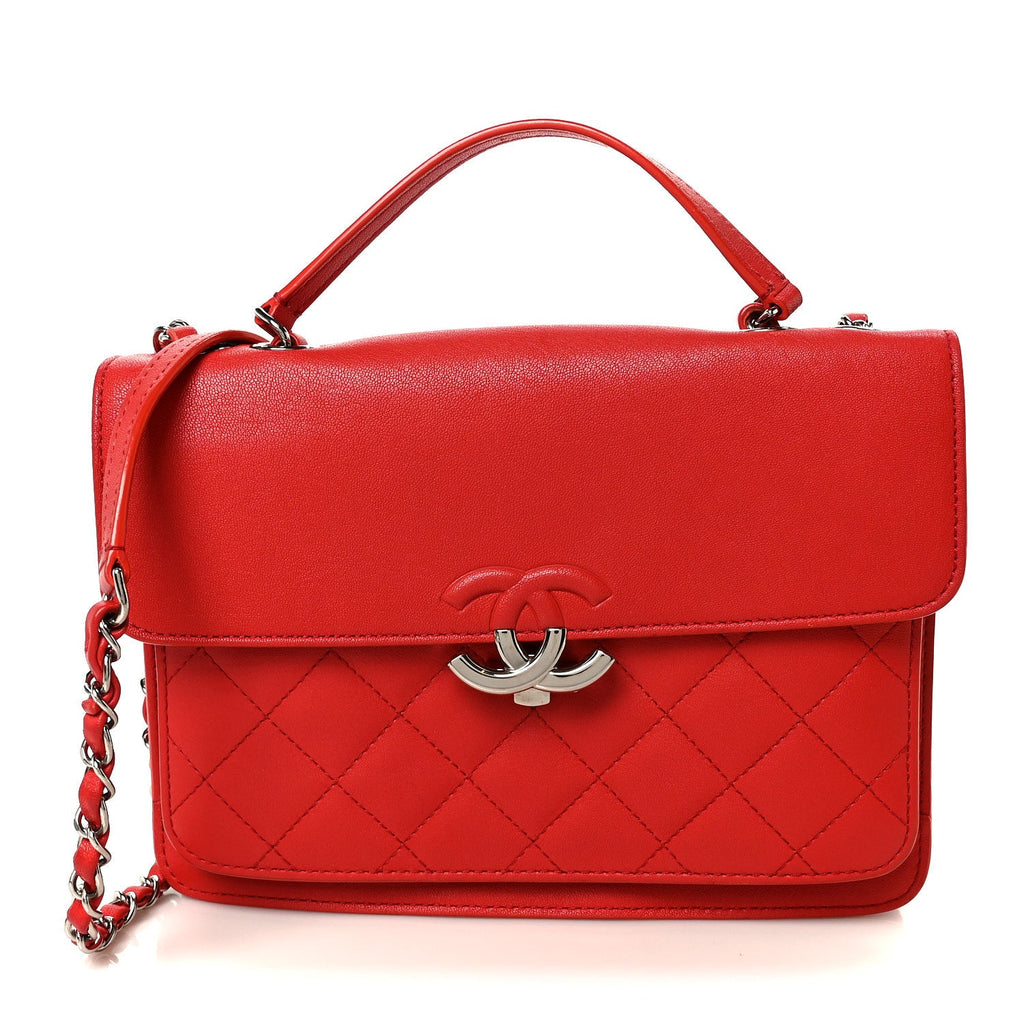 Grained Calfskin Quilted Large CC Box Flap Red