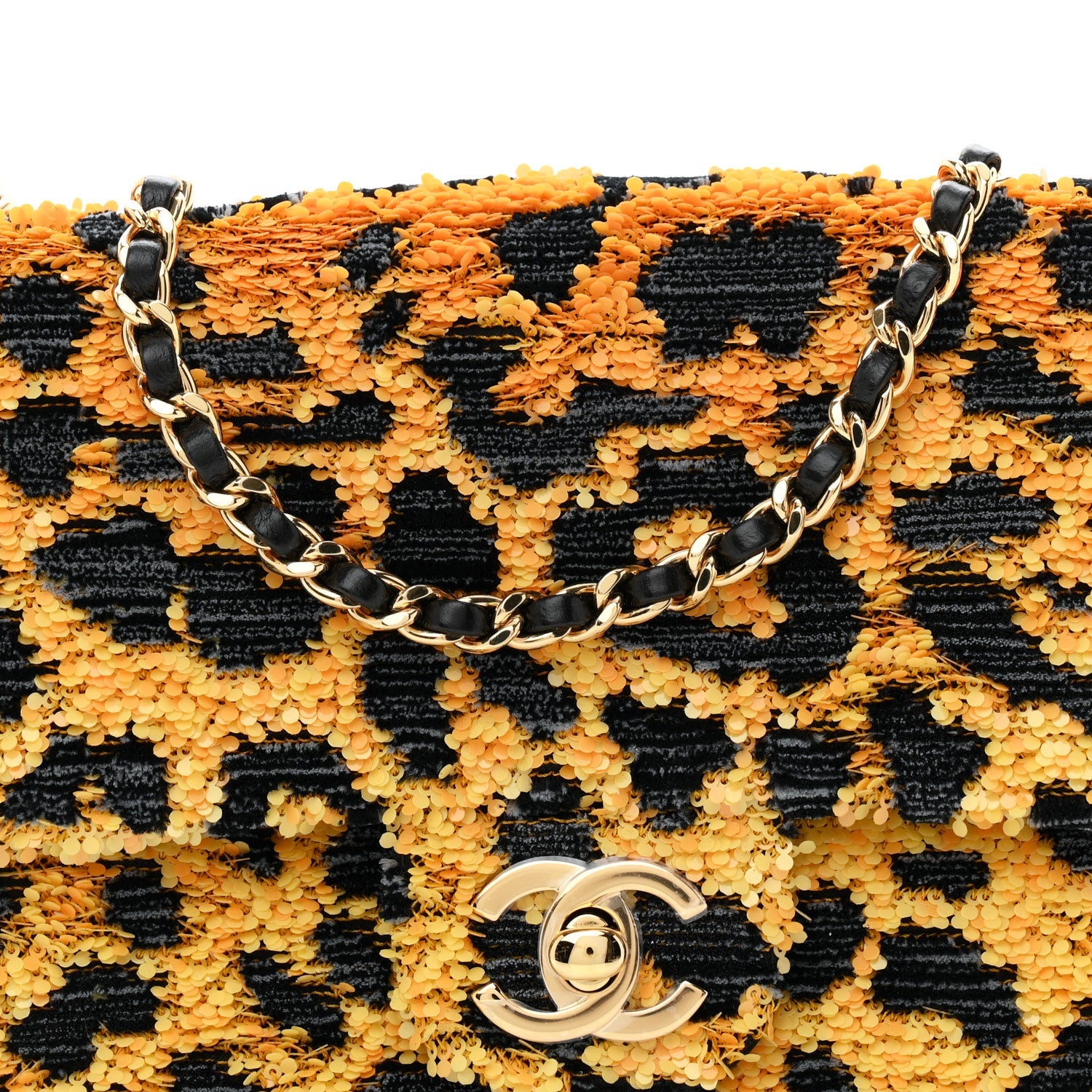 Sequin Mixed Fibers Leopard Print Mini Rectangular Flap Black Orange