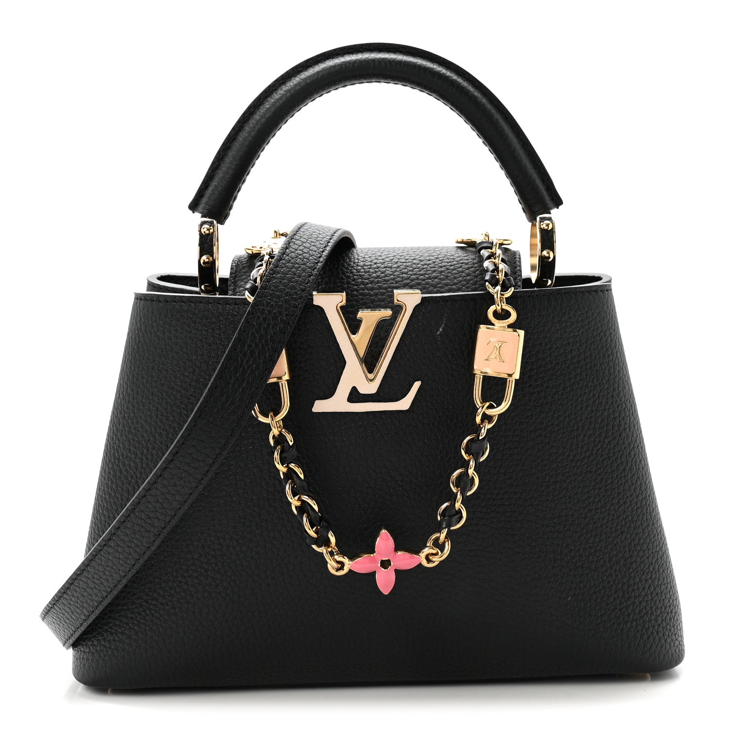 Taurillon Enamel Flower Padlock Chain Capucines BB Black
