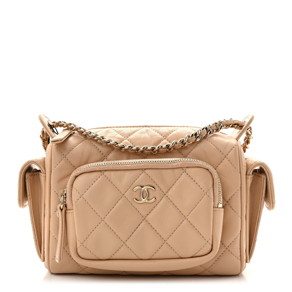Shiny Crumpled Lambskin Quilted Small Preppy Pocket Camera Case Beige