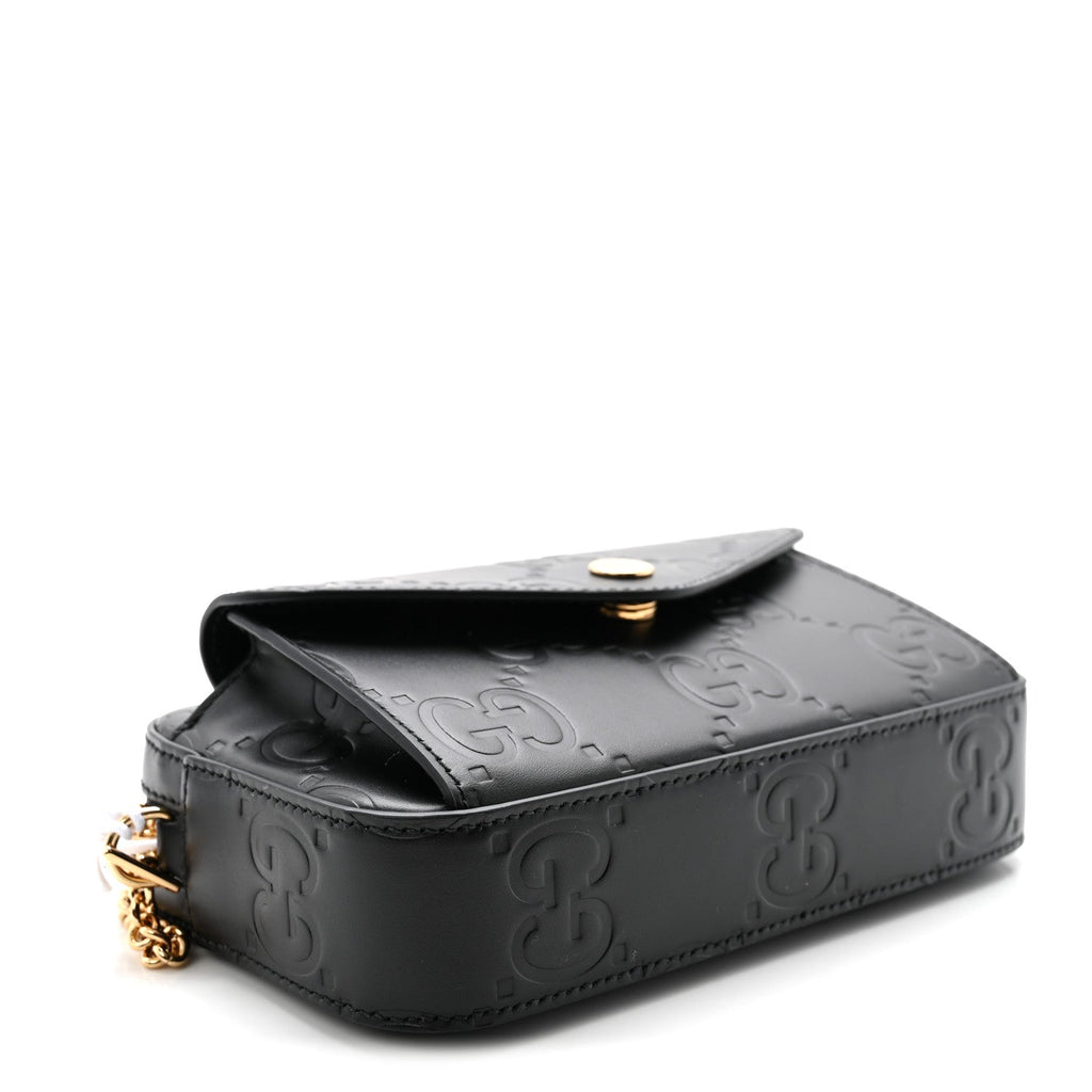 Calfskin GG Super Mini Debossed Chain Wallet Black