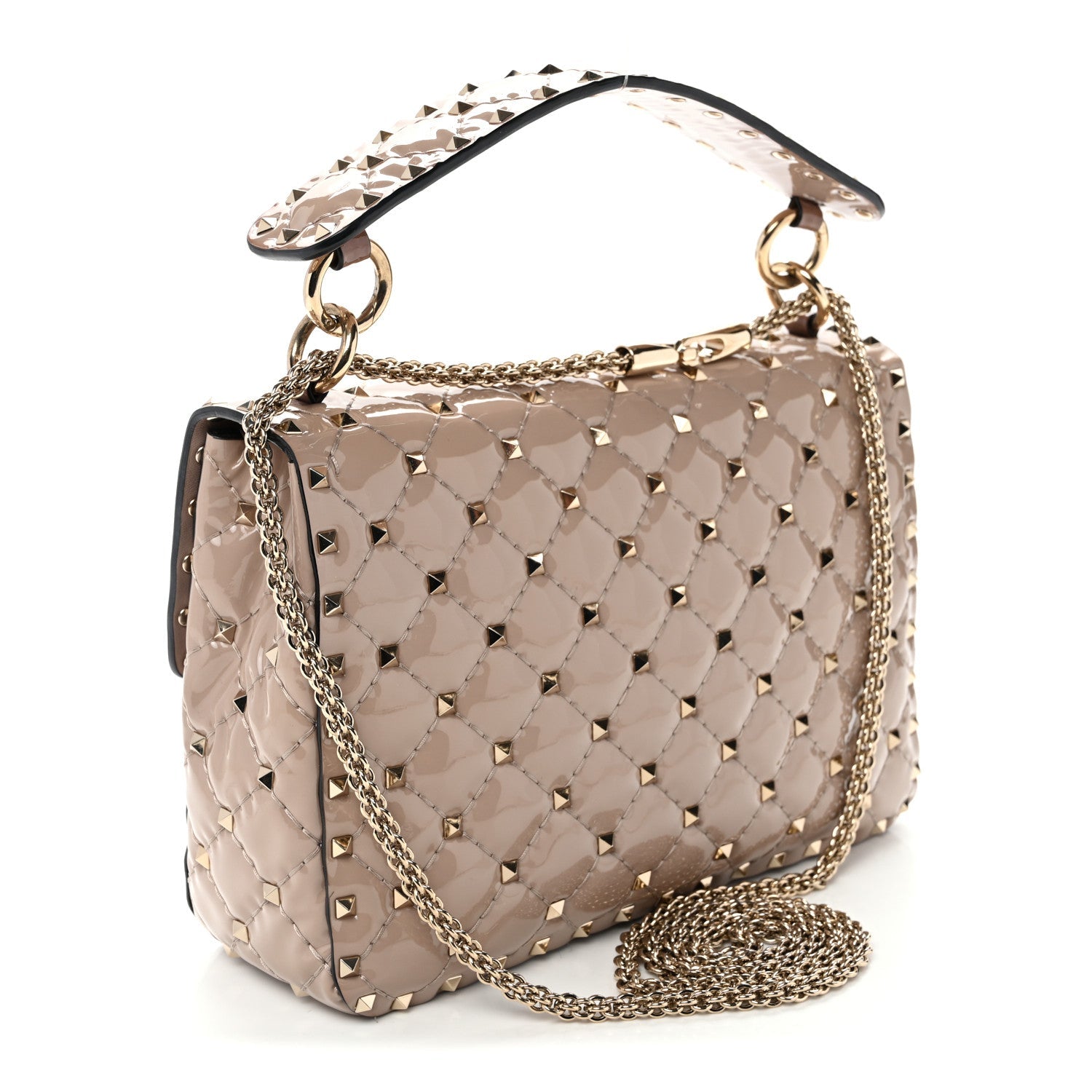 Patent Medium Rockstud Spike Shoulder Bag Poudre