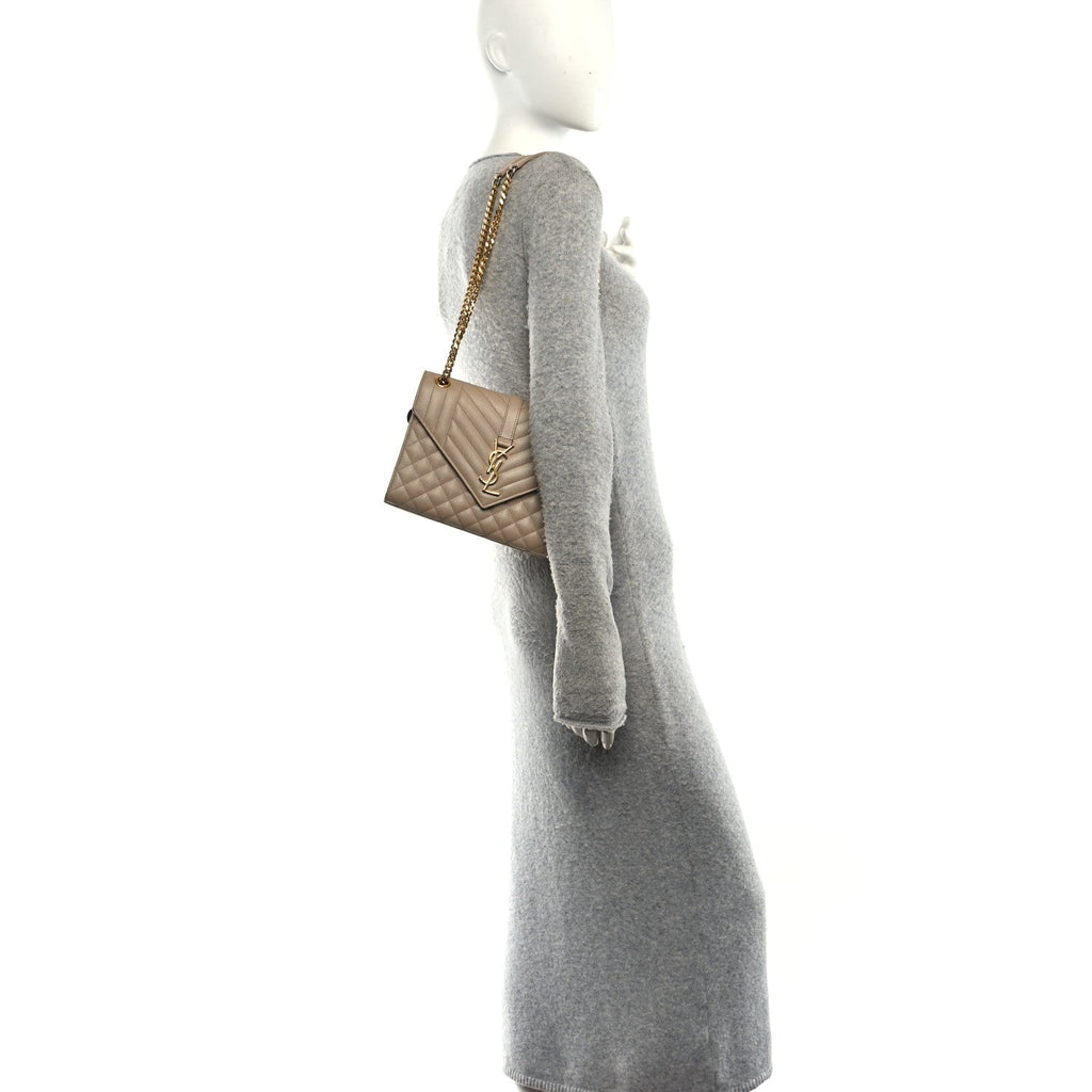 Grain De Poudre Textured Mixed Matelasse Triquilt Small Monogram Satchel Dark Beige