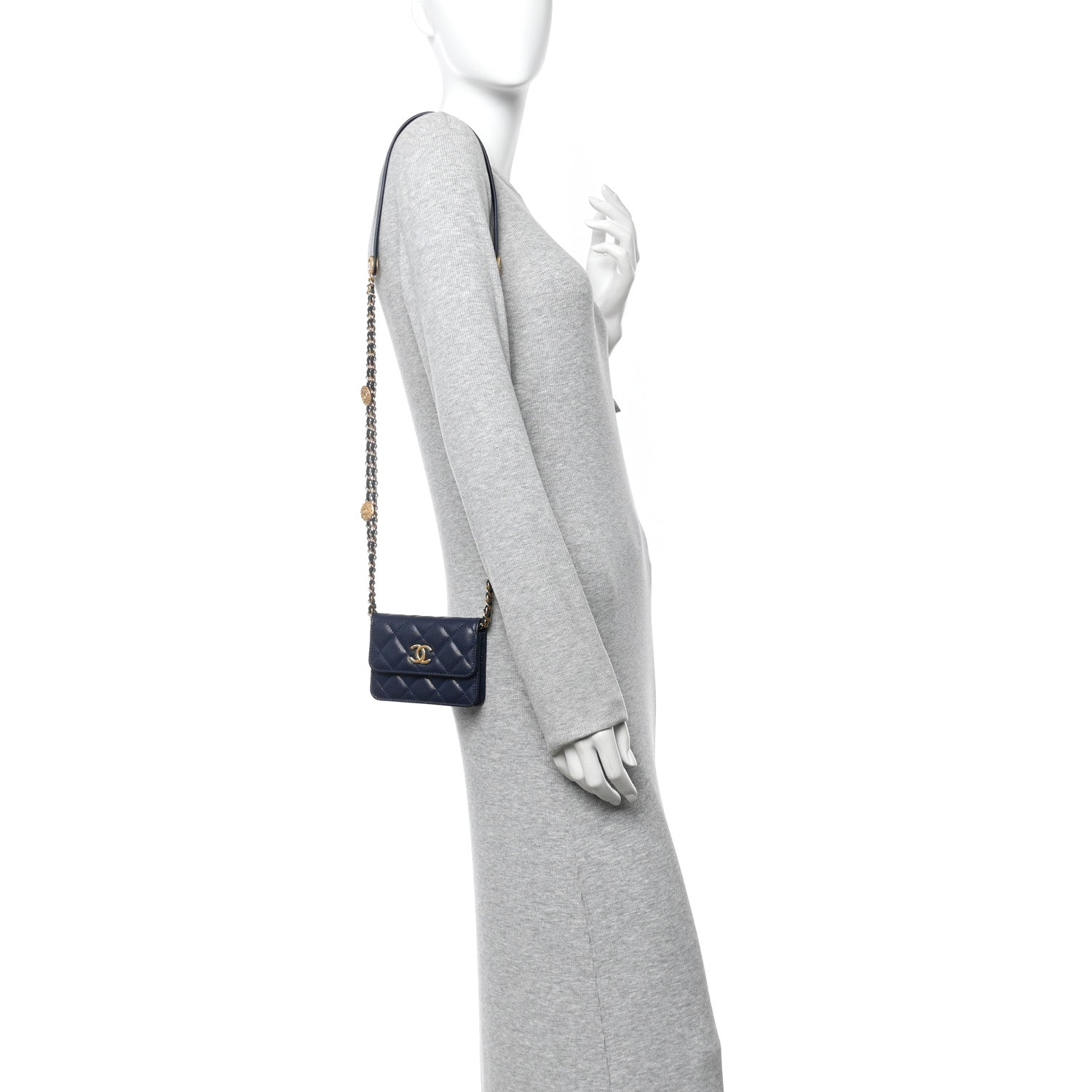 Caviar Quilted Twist Your Buttons Coin Purse With Chain Navy