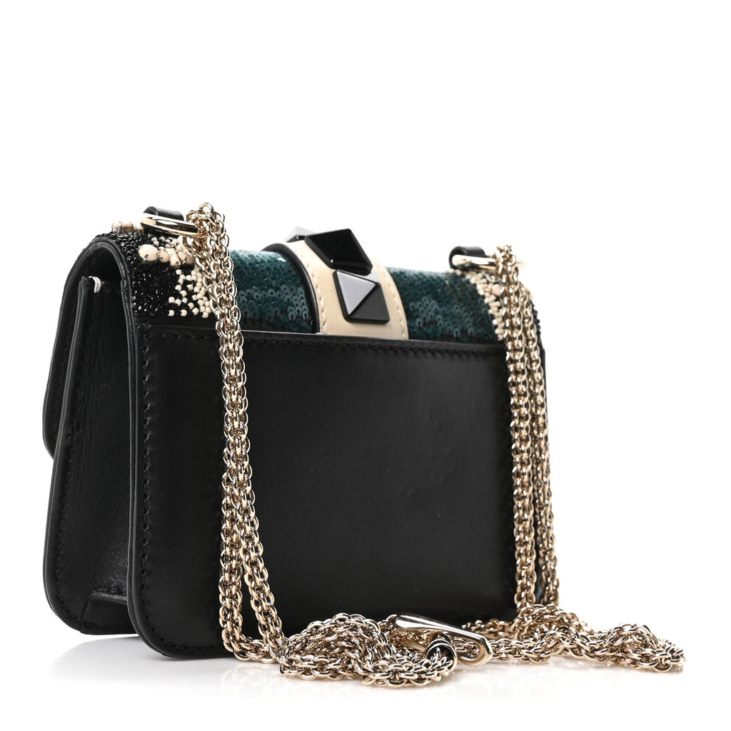 Vitello Beaded Mini Glam Lock Rockstud Flap Black Ivory Green