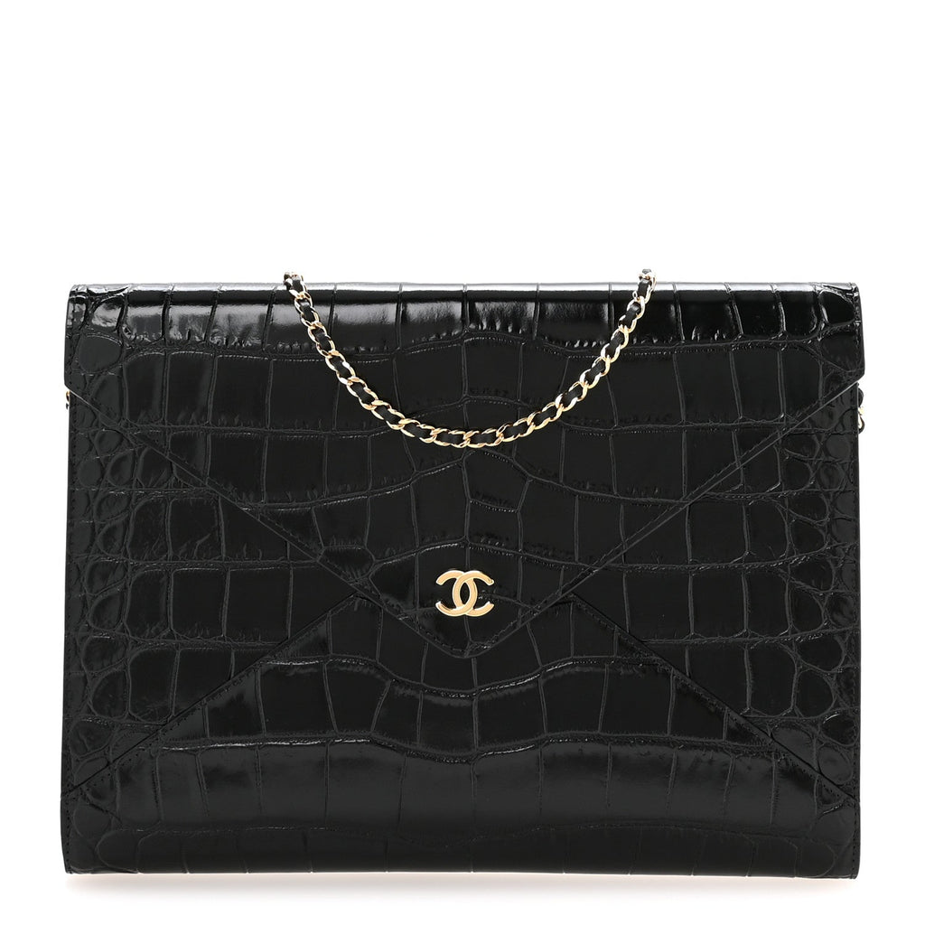 Calfskin Crocodile Embossed Croc Illusion Clutch With Chain Black