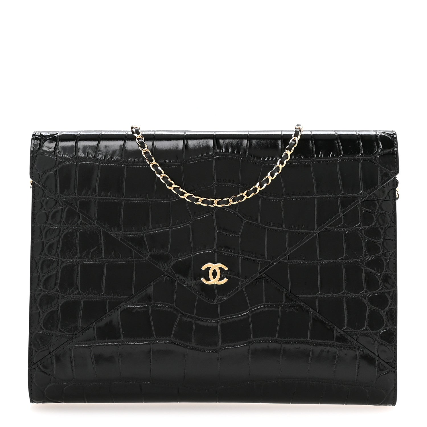 Calfskin Crocodile Embossed Croc Illusion Clutch With Chain Black
