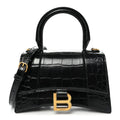 Shiny Calfskin Crocodile Embossed Hourglass Top Handle Bag XS Black