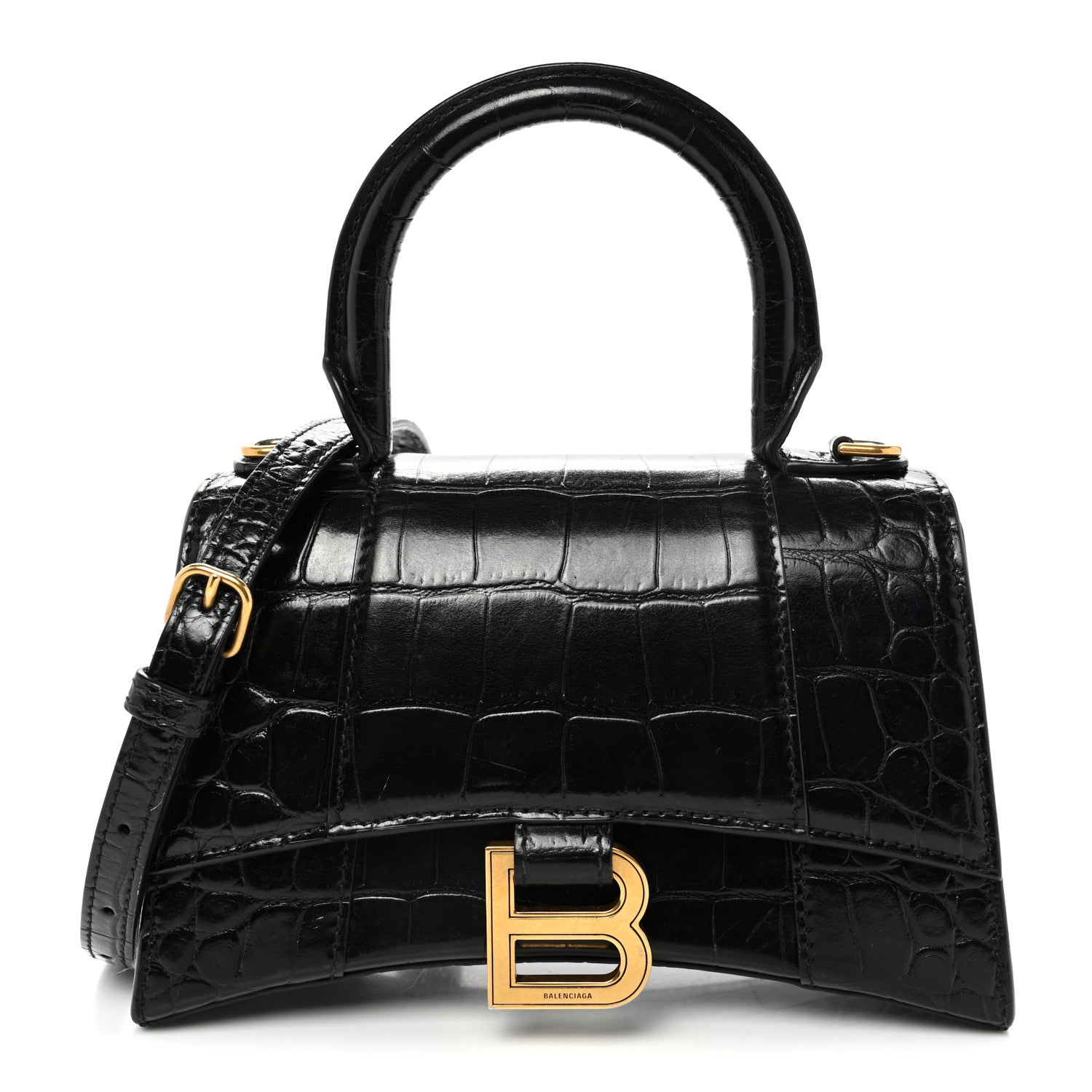 Shiny Calfskin Crocodile Embossed Hourglass Top Handle Bag XS Black