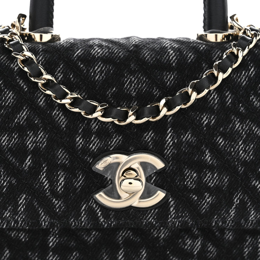 Washed Denim Quilted Coco Handle Clutch With Chain Black