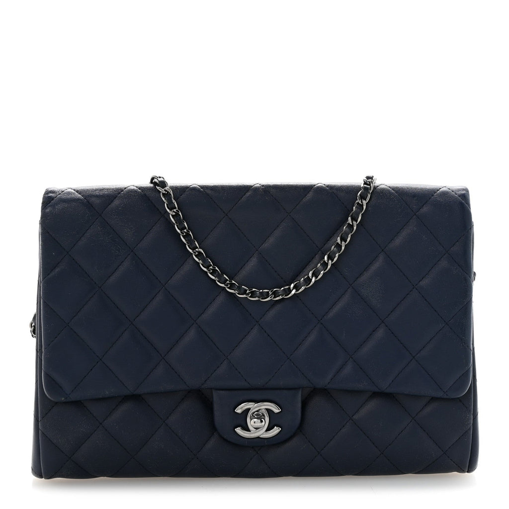 Lambskin Quilted Clutch with Chain Flap Navy