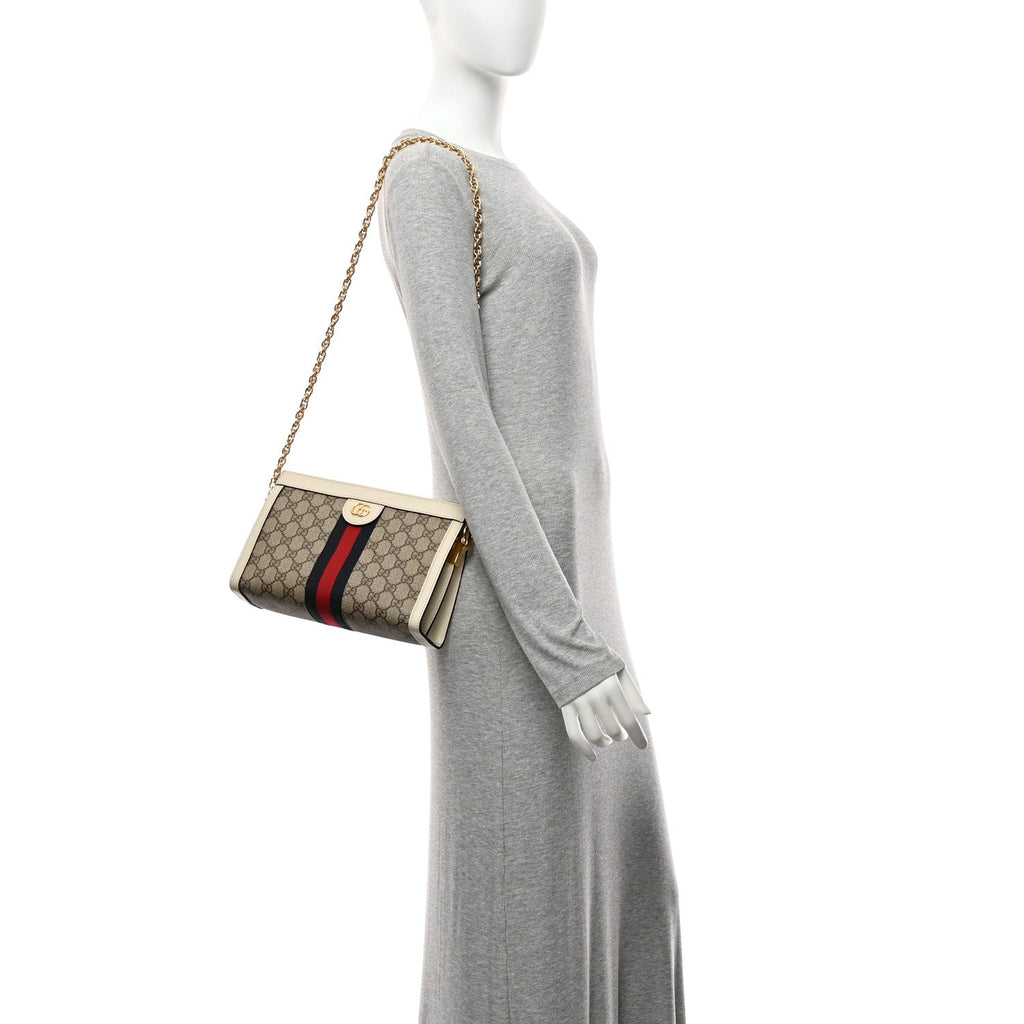 GG Supreme Monogram Textured Calfskin Web Small Ophidia Chain Shoulder Bag Beige Ebony Mystic White